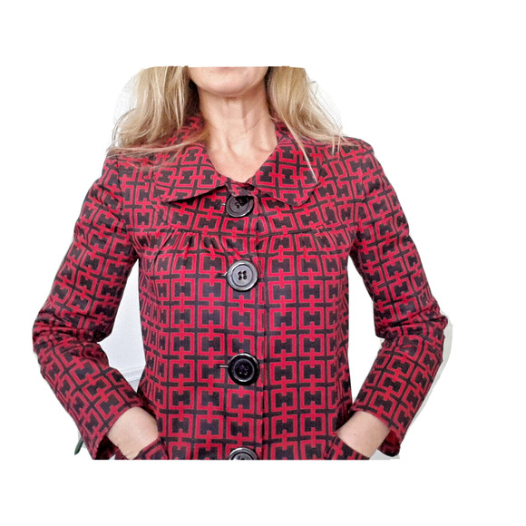 H Geometric Pattern Long Jacket Sz S Spring Fall Black Red Pattern Sophisticated - Picture 4 of 10